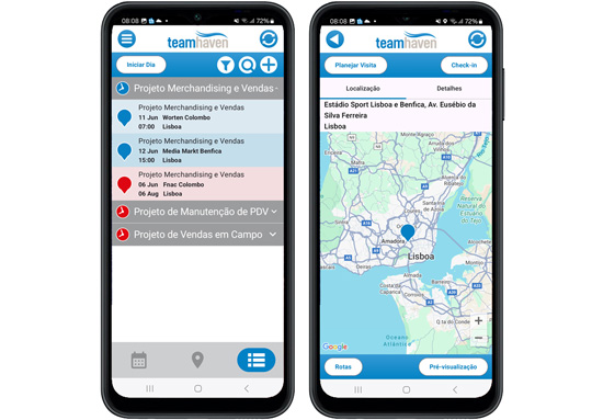 Dois celulares exibindo calendário e mapa no app TeamHaven Mobile
